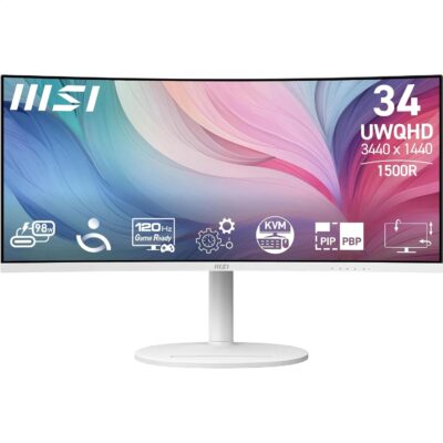 MSI Modern MD342CQPW 34'' UWQHD Curved 1500R PC Monitor - VA Panel 3440 x 1440, KVM, PIP/PBP, Wide Colour Gamut, Eye Comfort, Built-in Speakers, 3-Axis Adjustable - HDMI 2.0b,...